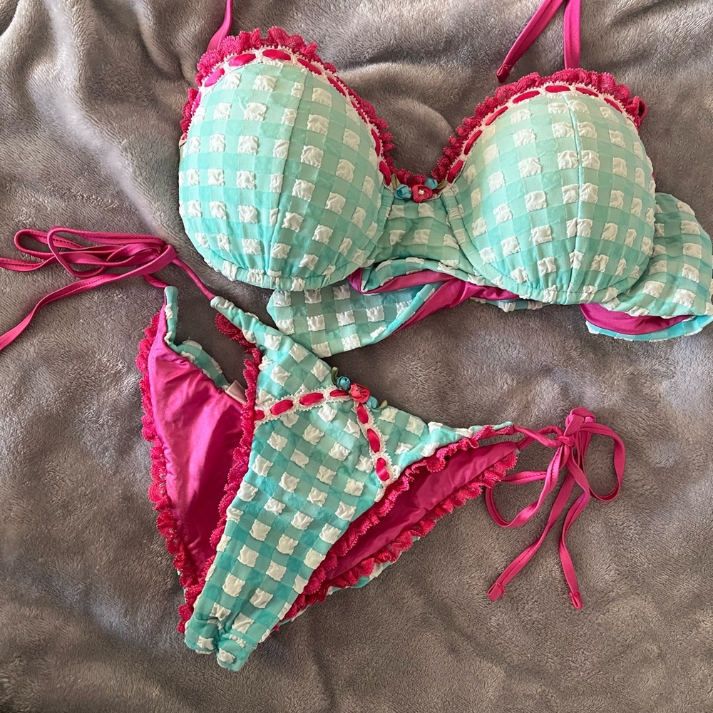 Beach Bunny Mint Green and Hot Pink Gingham Ruffle Bikini Set